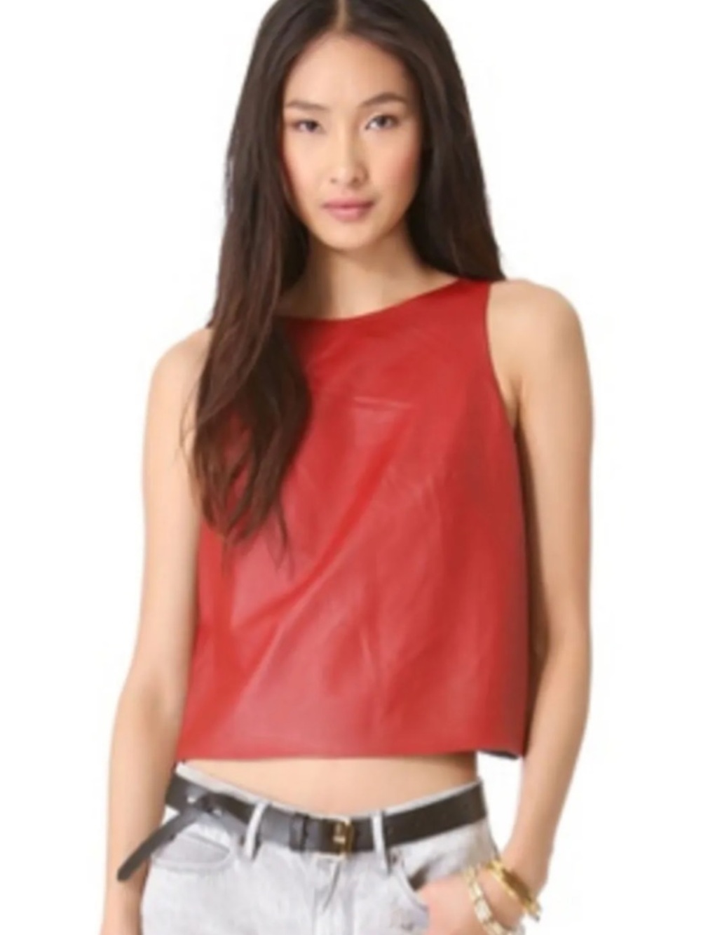 Tibi Red Leather Crop Tank Top Y2K Black Tulip Hem Split Back Womens Size 6